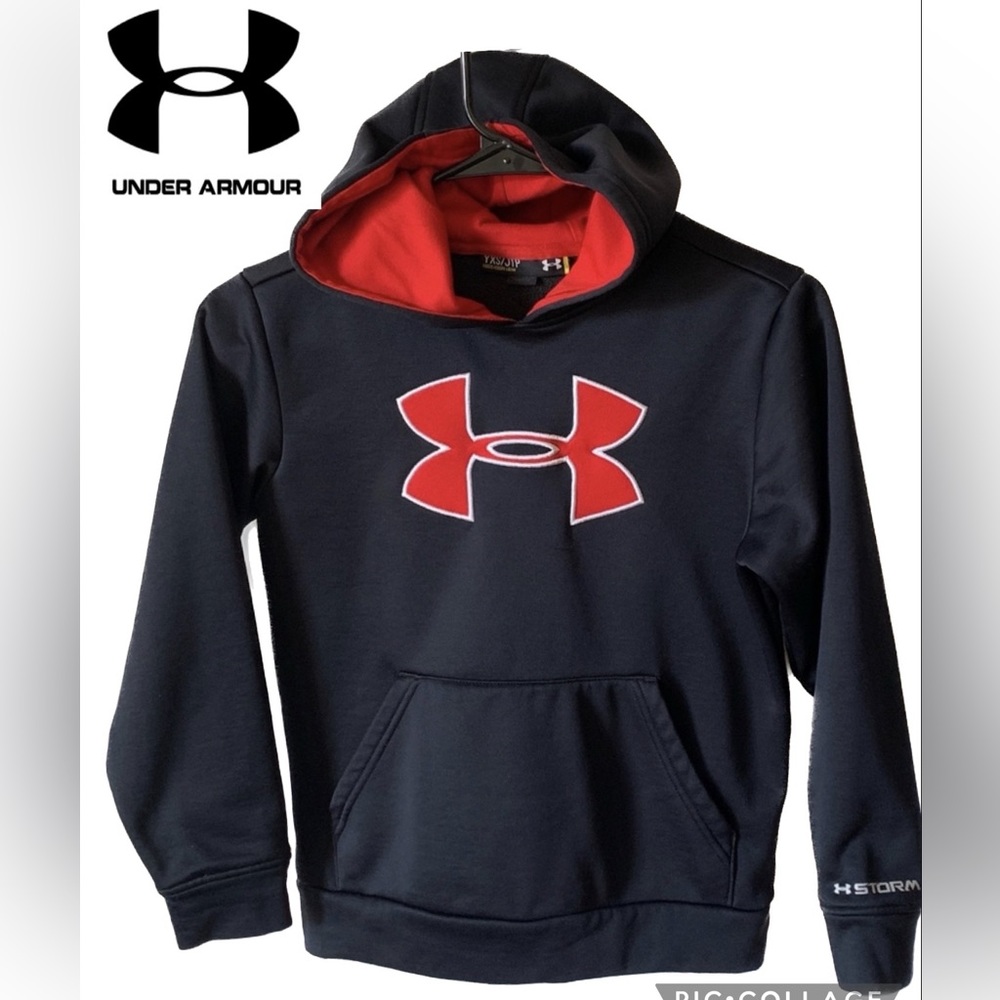 Under Armour Youth Storm Hoodie Pullover Black/Red Front Pocket Size XS 7